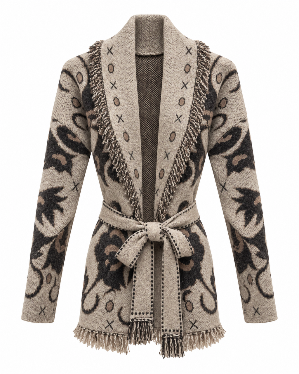 Cardigan donna fantasia con cintura e frange