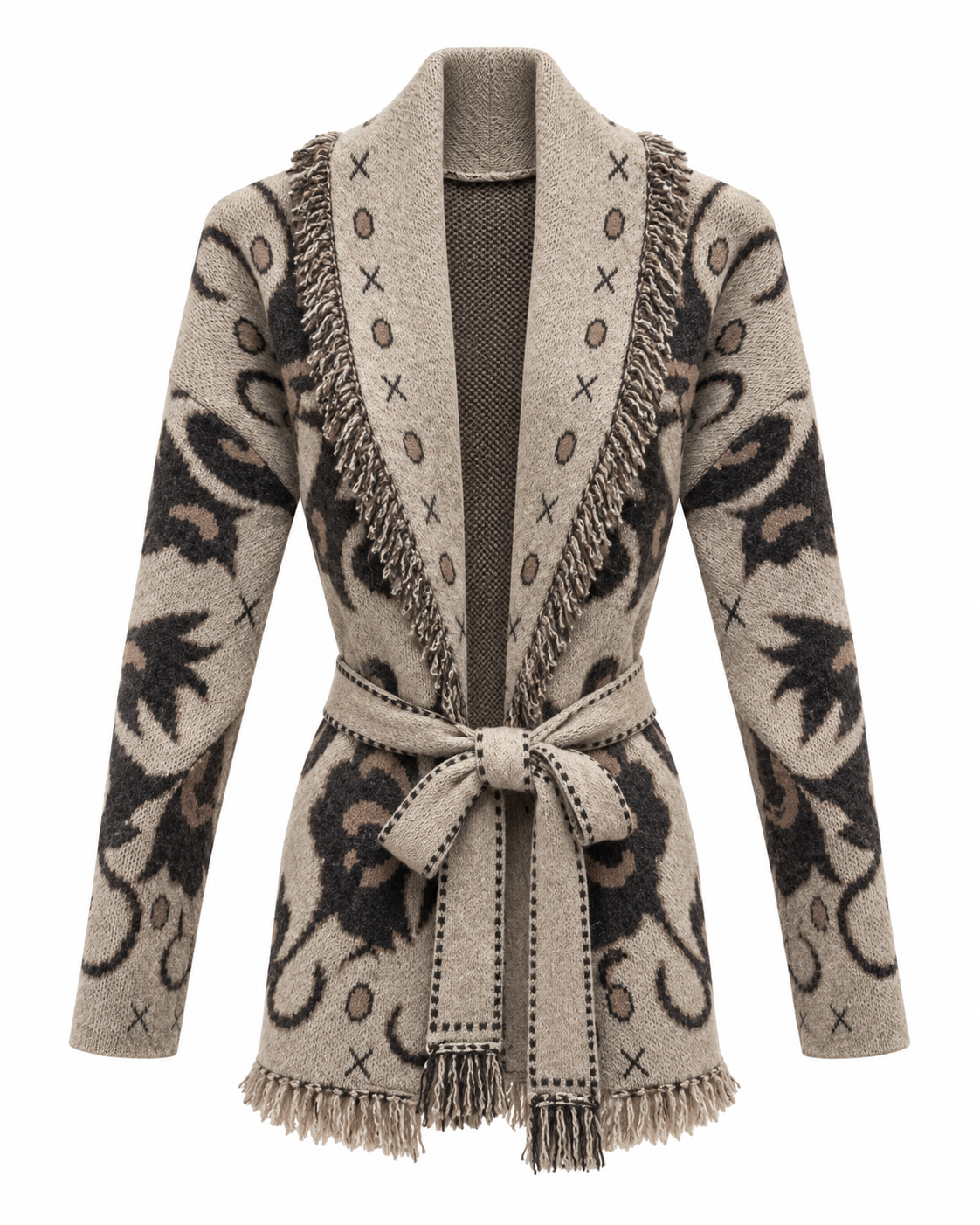 Cardigan donna fantasia con cintura e frange