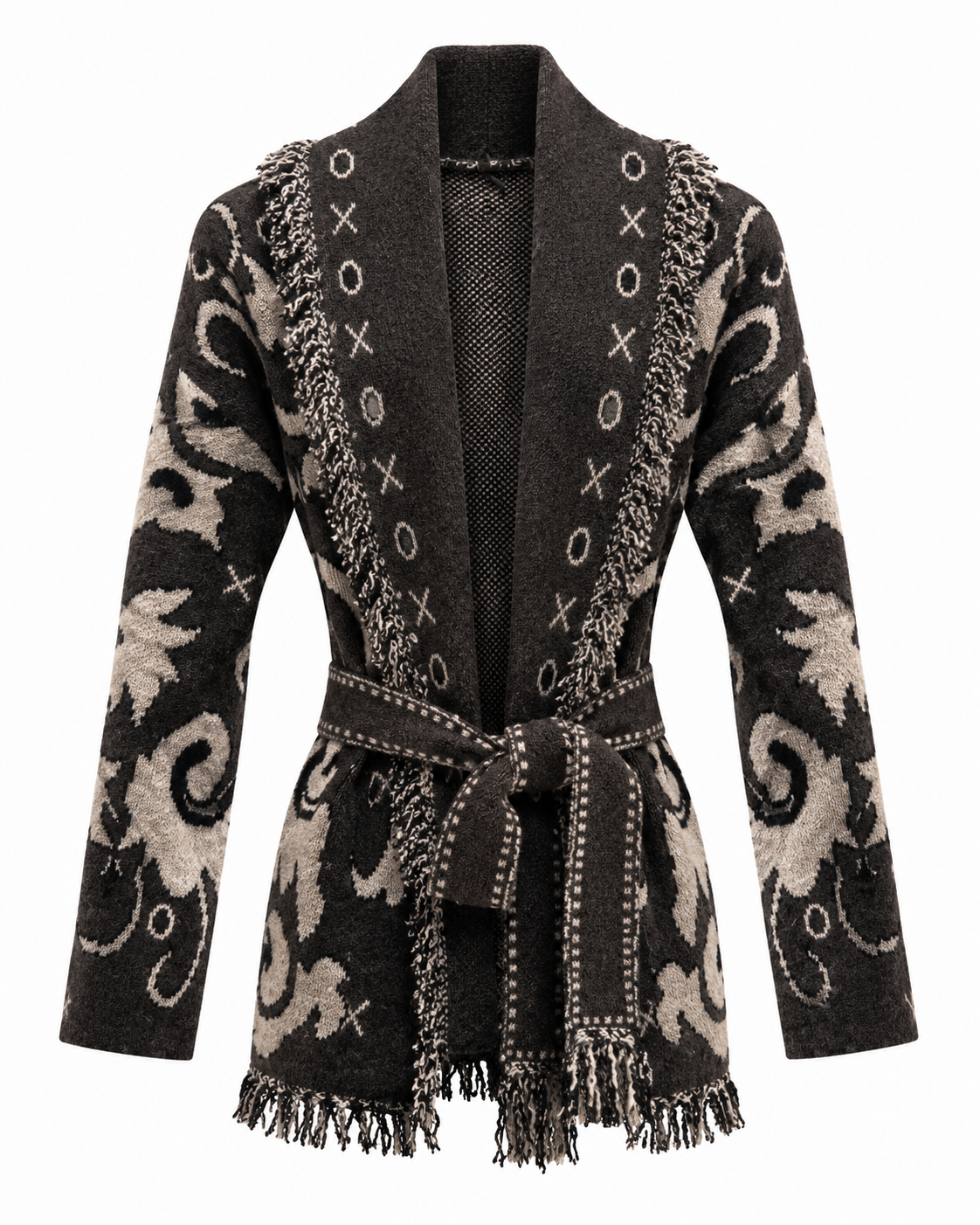 Cardigan donna fantasia con cintura e frange