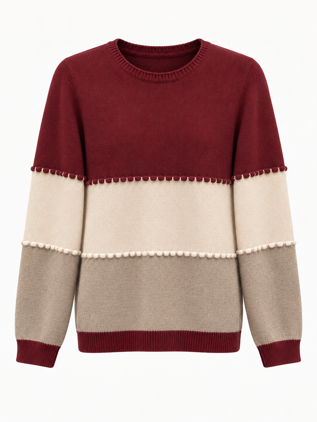Maglia donna color block con dettagli pompon