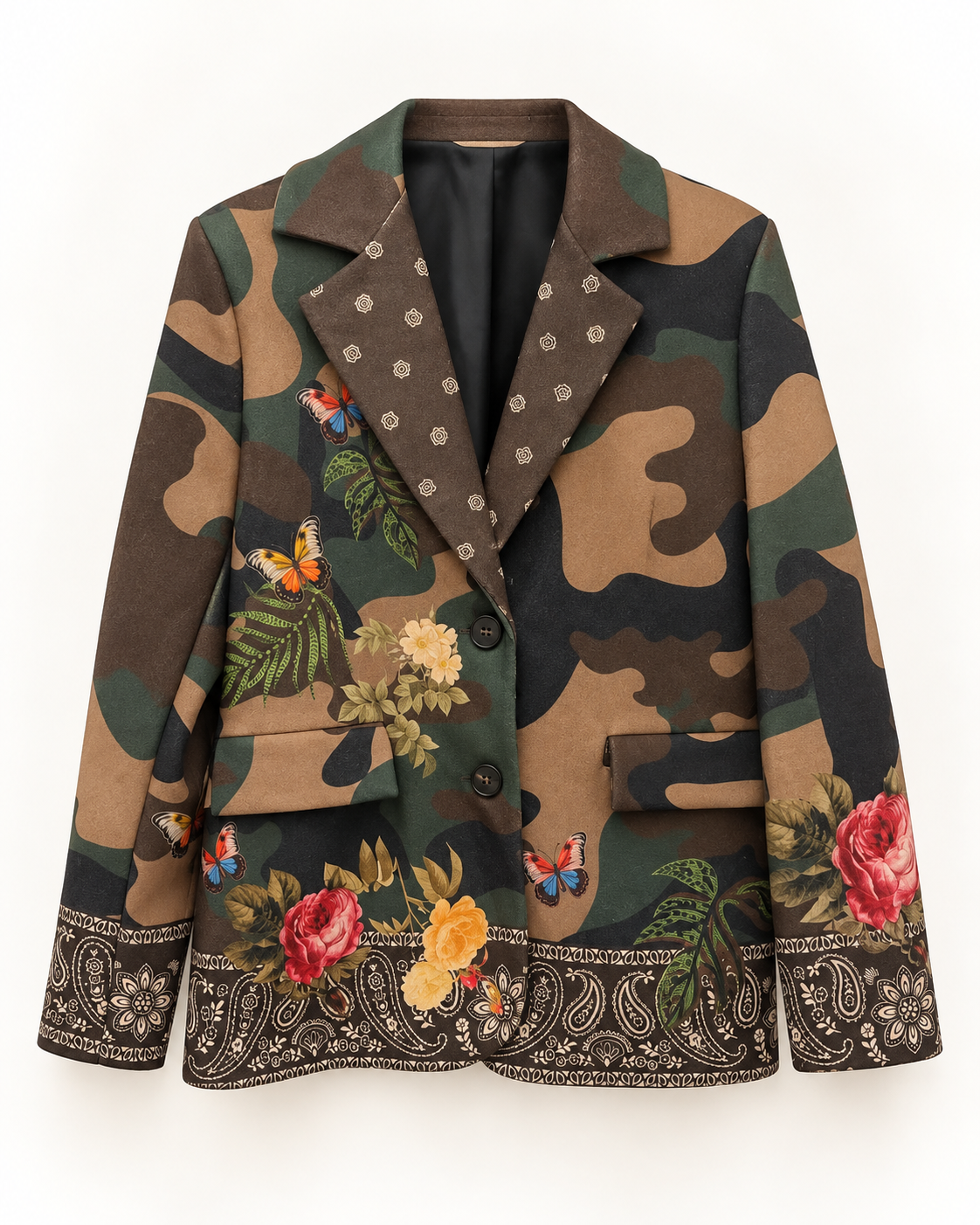 Blazer Donna Camouflage con Fiori e Farfalle