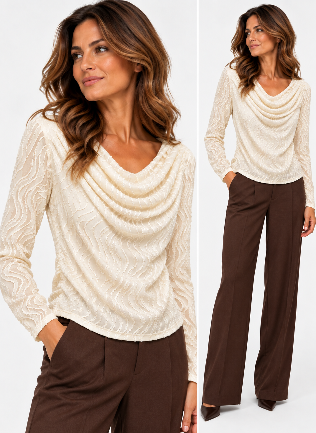 Blusa donna drappeggiata in pizzo lavorato