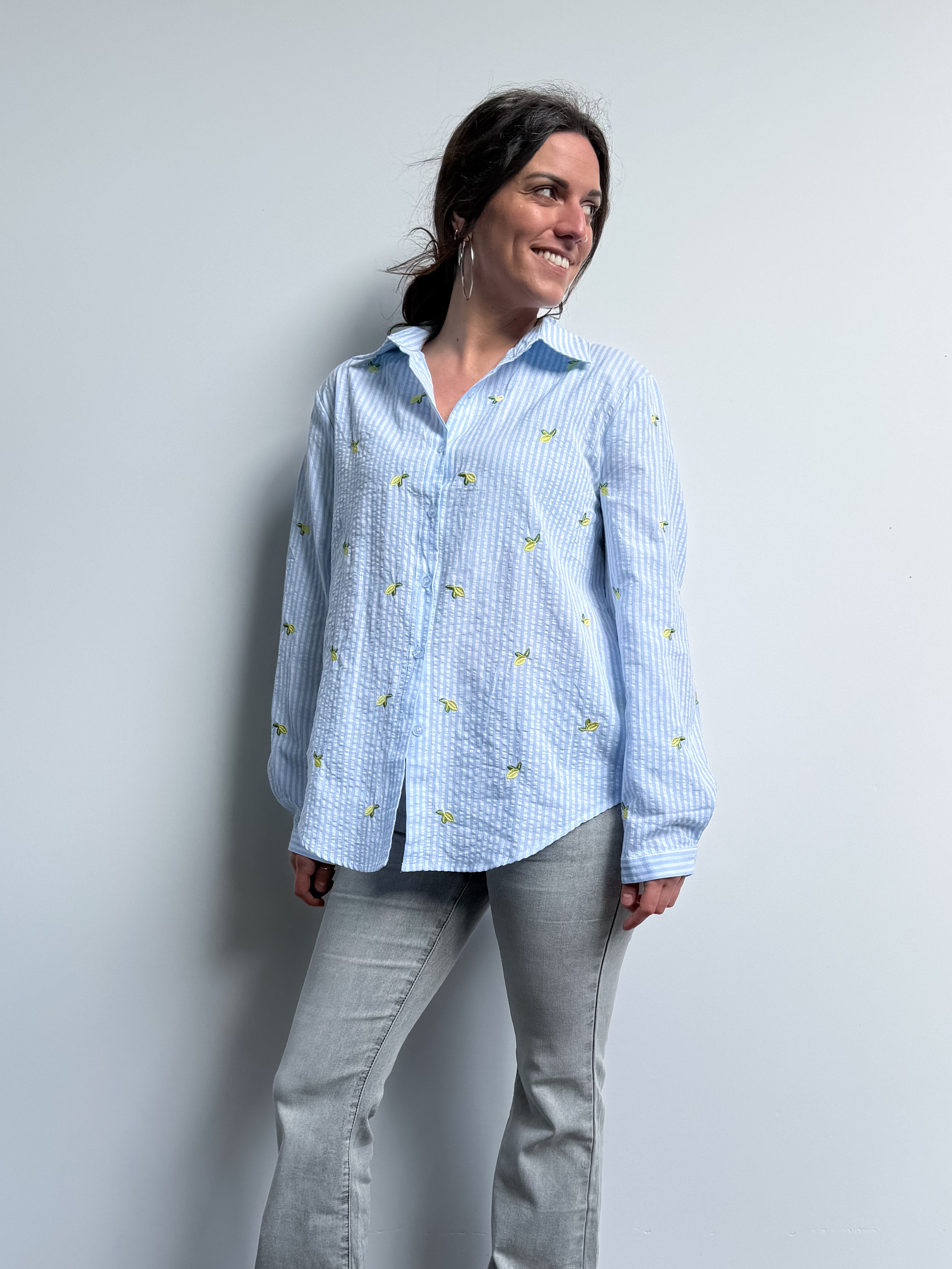 Camicia rigata con limoni ricamati