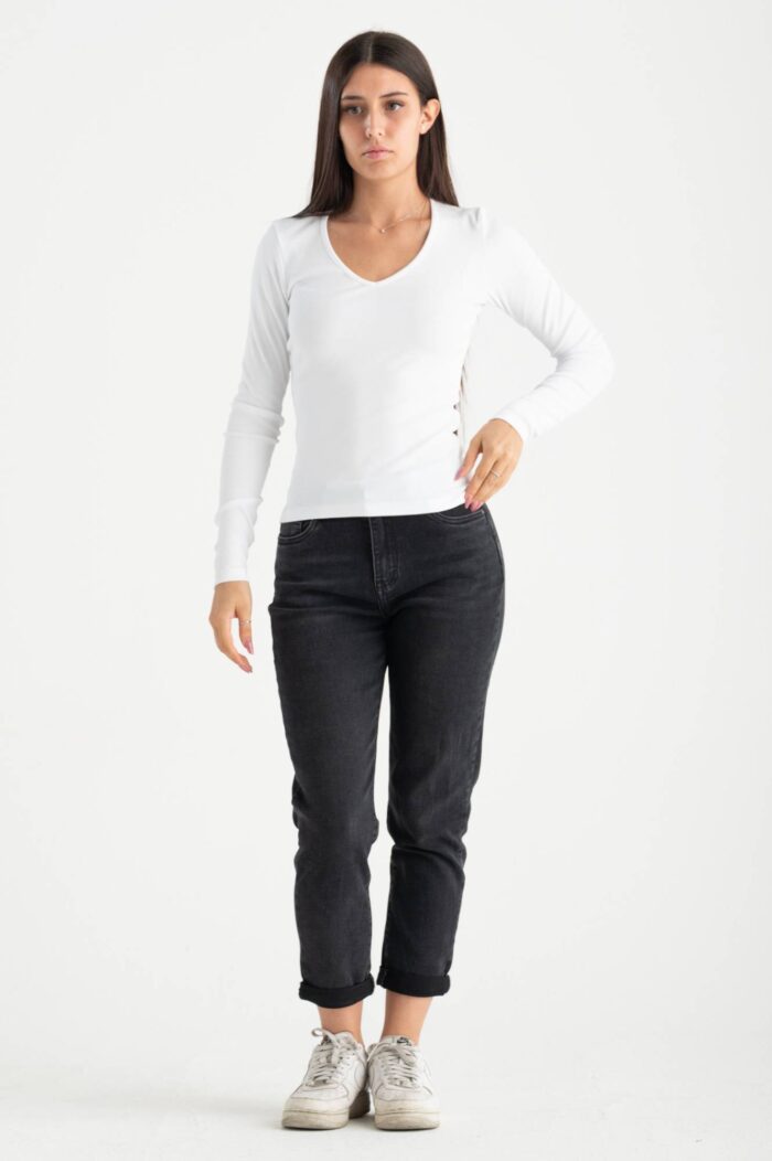 T-shirt manica lunga costina scollo V - immagine 4