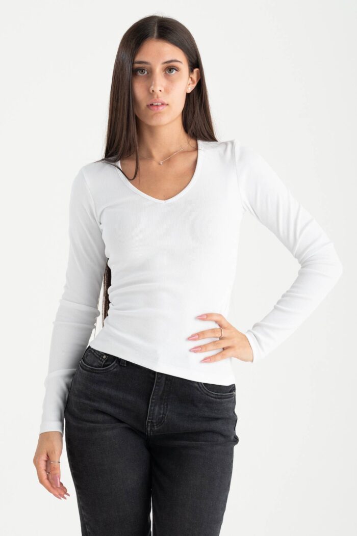 T-shirt manica lunga costina scollo V - immagine 1